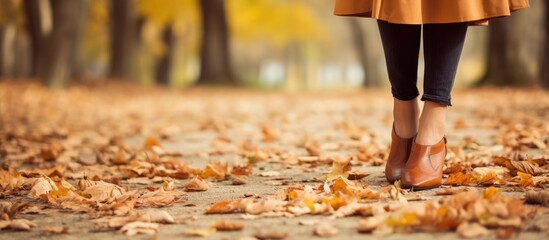 Fototapete - Copy space with autumn park s background depicts girl in leather shoes standing