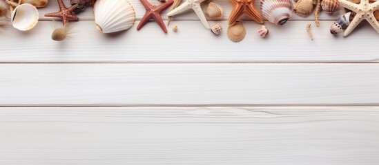 Aufkleber - Beach accessories seen from above on a white wooden surface perfect for a spa or wellness theme