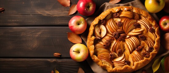 Poster - Healthy homemade wholegrain fruit pie with organic apples walnuts cinnamon and brown sugar suitable for Thanksgiving