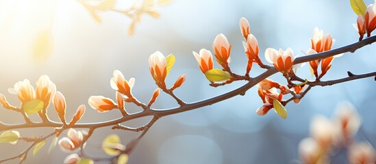 Poster - Selective focus and copy space background with tree buds opening in early spring