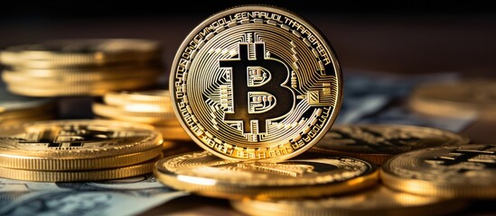Poster - The bitcoin symbol representing cryptocurrency and blockchain technology atop a dollar banknote showcasing the finance concept