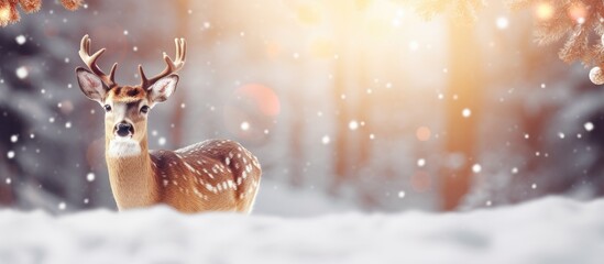 Poster - Wooden deer with a knitted red scarf on snow against blurry lights background Copy space for text