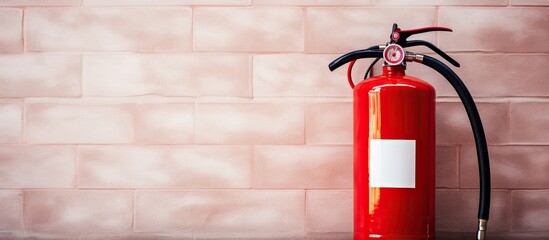 Poster - Selective focus image of a red fire extinguisher sign on a wall with space for text and information