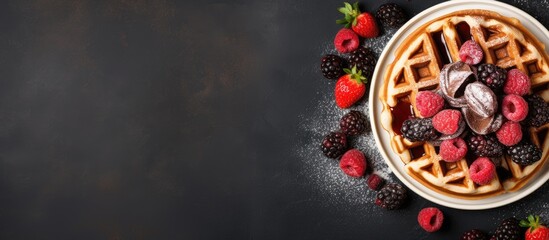 Poster - Belgium American waffles a tasty sweet dish snack on menu Background view top angle Text space
