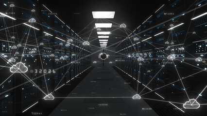 Poster - Cloud computing data storage concept, Server cabinets for storage, Data servers in a data center server room, Futuristic digital data network connection technology, 3D Rendering