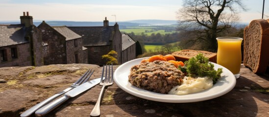 Poster - Breakfast table scene featuring haggis on a white wood background