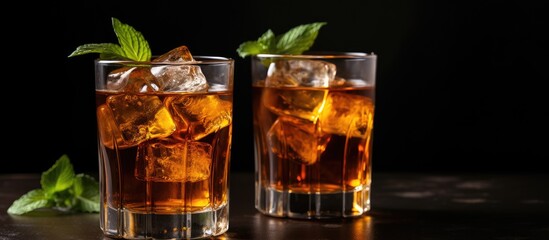 Aufkleber - Studio shot of two iced teas with mint leaves ice cubes and copy space