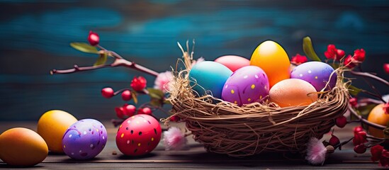 Leinwandbilder - Colorful Easter eggs presented in a wooden basket on a rustic table