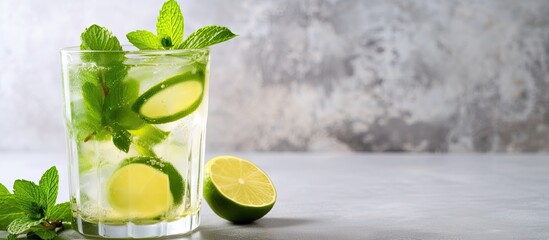 Fototapete - Chilled summer beverage with lime and mint in a glass on a neutral backdrop