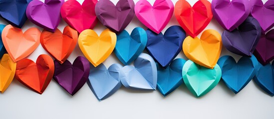 Poster - Abstract background with multicolored velvet paper hearts on white surface accentuated by shadow and light Texture and copy space included