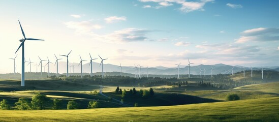 Wall Mural - Wind turbines in a wind park creating renewable energy with ample space for text promoting green energy