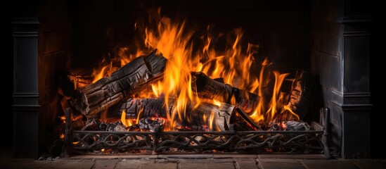 Poster - Fire in a fireplace on a black backdrop