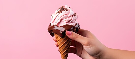 Aufkleber - Closeup of woman holding chocolate covered ice cream bitten into on pink background