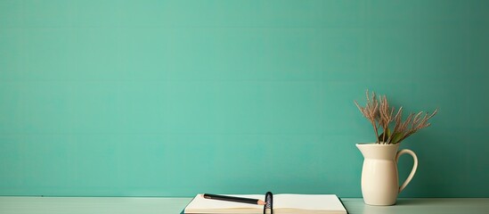 Brown desk with open diary notebook memo pad and pencil holder Mint wall background serves as study and workspace with copy space available