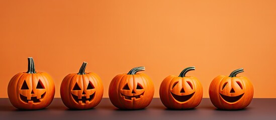 Aufkleber - Halloween holiday theme with levitating pumpkins on orange background greeting card mockup