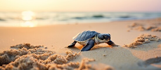 Poster - Baby turtle moving towards sea making tracks in sand Olive Ridley hatchling