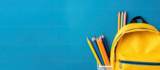 Poster - Blue school backpack writing utensils and pen on yellow background