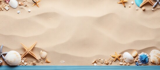 Aufkleber - Sandy beach with blue frame summer accessories sand and wood texture in top view