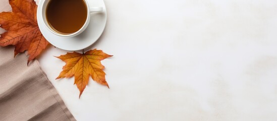 Aufkleber - Fall themed coffee cup mockup with cozy breakfast on knitted plaid