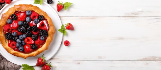Leinwandbilder - Galette from French cuisine with honeyberry filling served on white table with cream and berries