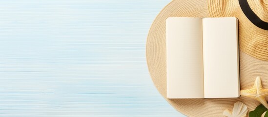 Aufkleber - Blank journal with summer beach items on a background space for writing Flat lay with copy space