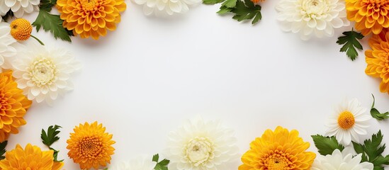 Poster - Floral arrangement of yellow and orange flowers and green foliage on a white backdrop top down view for spring summer