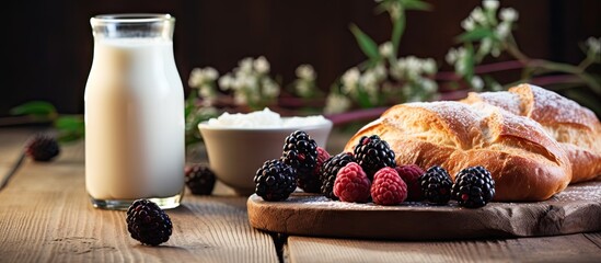 Aufkleber - Meal of bread soy milk croissants oatmeal and mulberries on a wooden table