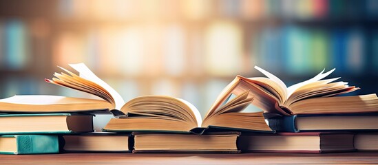 Aufkleber - A pile of books with an open book on top showcasing a panorama of reading education and literature