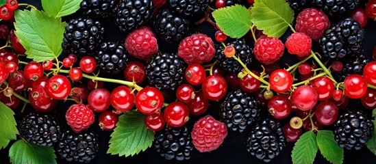 Assorted summer fruits including blackberries blackcurrants cherries raspberries and gooseberries arranged from a bird s eye view on a background