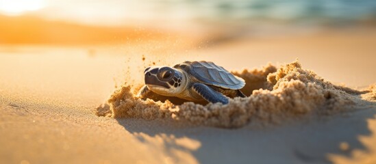 Poster - Baby turtle moving towards sea making tracks in sand Olive Ridley hatchling