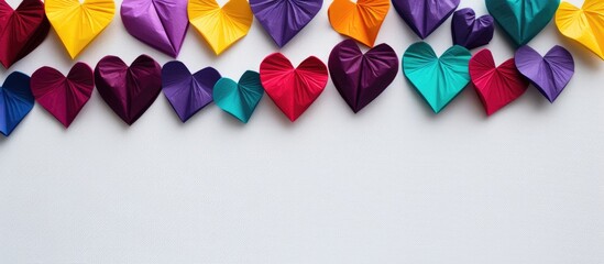 Poster - Abstract background with multicolored velvet paper hearts on white surface accentuated by shadow and light Texture and copy space included