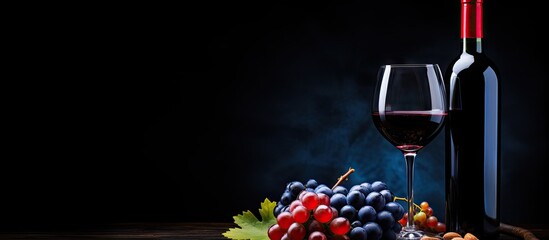 Aufkleber - Red wine bottle and glass among blue grapes on black background with empty space
