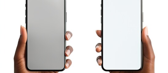 Poster - Mockup of women s hands holding mobile phones with copy space isolated on white background Internet file sharing and information exchange