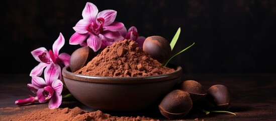 Poster - Orchid flowers and cocoa powder adorn chocolate truffles in a brass vase