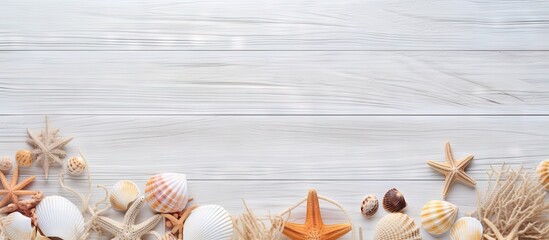 Aufkleber - Beach accessories seen from above on a white wooden surface perfect for a spa or wellness theme