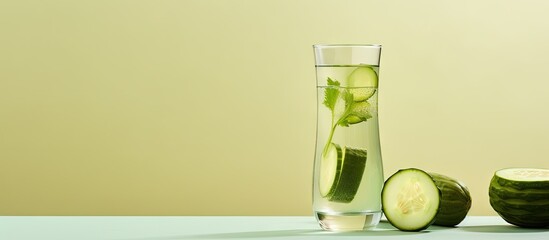 Aufkleber - Minimalistic creative concept with copy space featuring a glass goblet filled with cucumber water a bottle and fruit on a light green backdrop