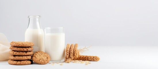 Poster - Text space with oatmeal cookies and milk in a jar on a white table