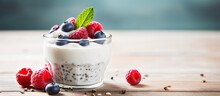 Healthy Breakfast Featuring Yogurt With Chia Seeds Fresh Raspberries Blueberries And Honey