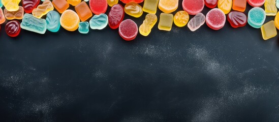Poster - Colorful sweet jelly candies displayed on a black stone background with space in the middle for copy Unhealthy food dessert arranged flat