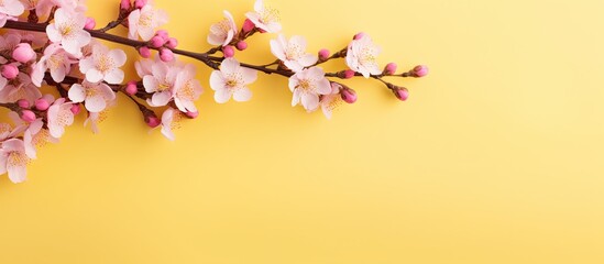 Aufkleber - Cherry blossom branch on yellow background Springtime flat lay arrangement