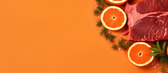 Poster - Raw Beef Brisket on orange background seen from above with empty space