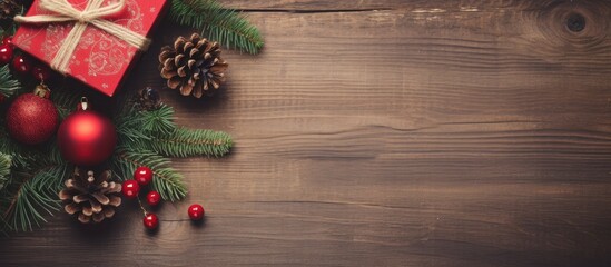Poster - Christmas themed background with a top view of a gift box red balls spruce branches pine cones red berries and a bell on an aged wooden background