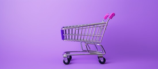 Wall Mural - Purple background minimalist style shopping cart Creative design top view with space for text Supermarket shop trolley Sale discount shopaholic concept Consumer society trend