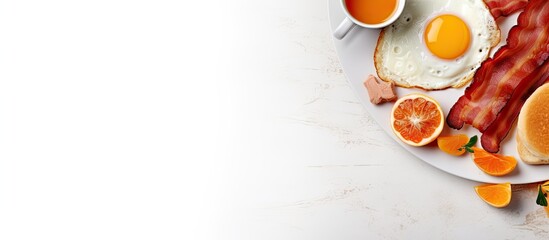 Poster - American breakfast with sunny side up eggs bacon hash browns pancakes toast orange juice and coffee