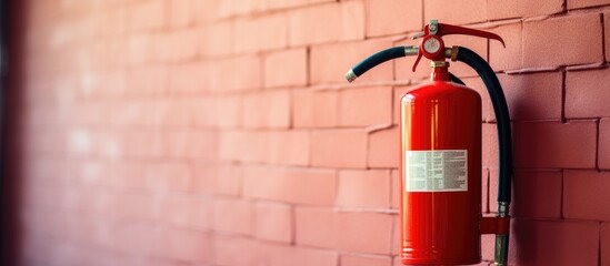 Poster - Selective focus image of a red fire extinguisher sign on a wall with space for text and information