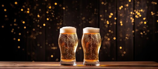 Aufkleber - Closeup of glasses filled with light foamy beer on a wooden table