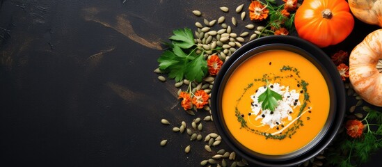 Aufkleber - Autumn cream soup with pumpkins and carrots on a dark background with seeds and parsley Healthy eating concept Horizontal orientation Close up