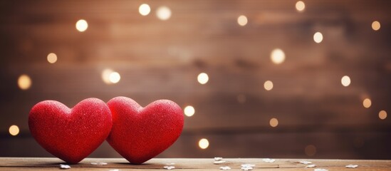 Poster - Valentine s Day theme Love in red letters with two hearts on wooden table