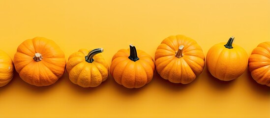 Aufkleber - Little orange pumpkins on a colored table background representing autumn and fall festivities