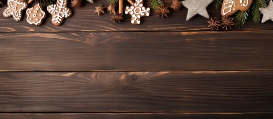 Poster - top view of a wooden table with a christmas theme including a snow covered fir tree and gingerbread 